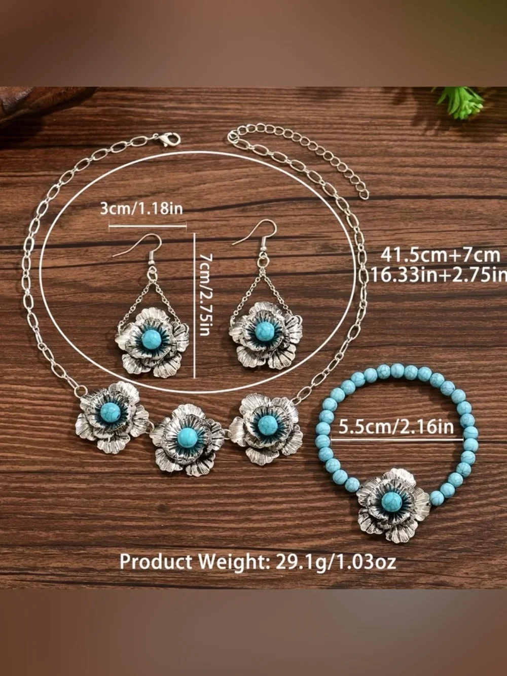 WesternSilver Floral Necklace, Earrings, and bracelet Set with Turquoise Accents